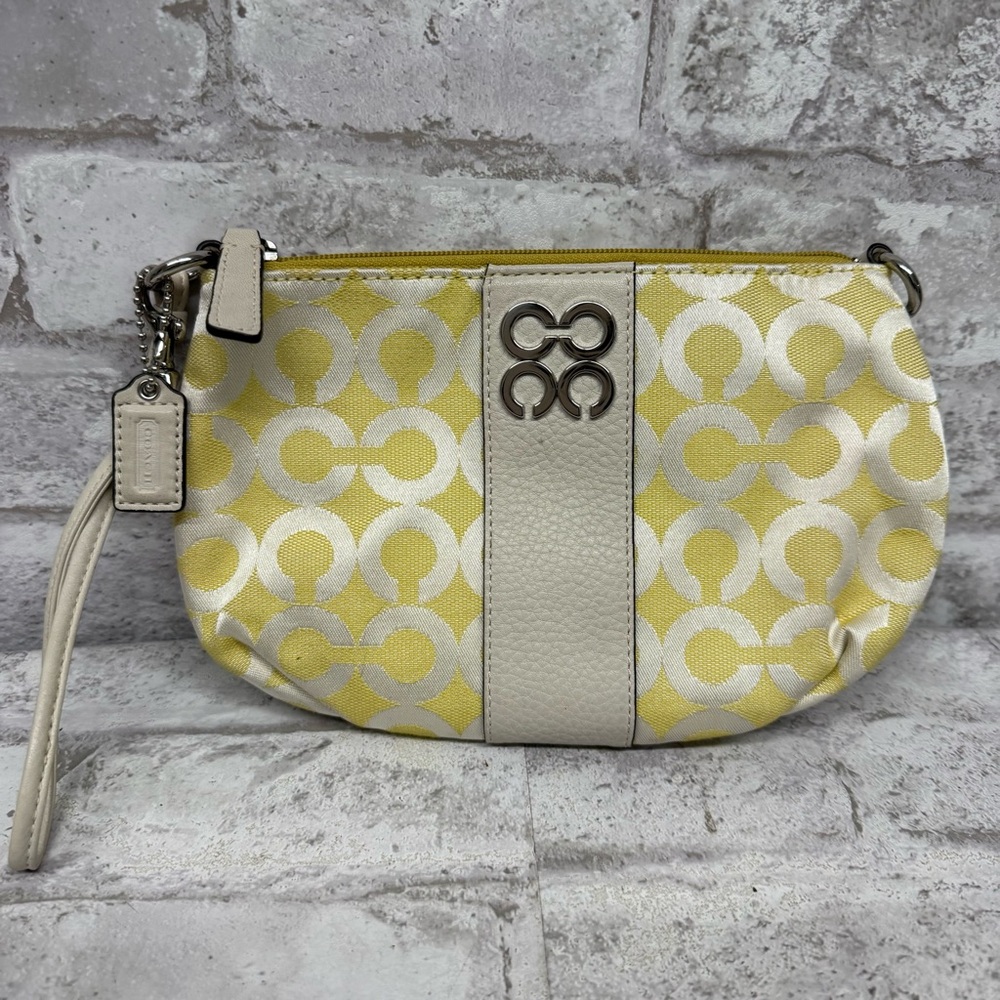 Coach Poppy Wristlet Mini Bag Yellow White‎ Leather Trim